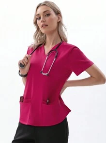 TaskEZ SHEIN Essnce Women's Summer  Nurse Uniform Jogging Wear  Women Scrubs Side Vents  4-Pocket V-Neck Scrub Top Total Of 4 Pockets - Hot Pink - View 8