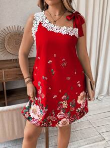 SHEIN Unity Váy mùa hè in họa tiết cổ bất đối xứng thời trang cỡ lớn cho phụ nữ cho quần áo năm mới - Đỏ - Xem 6