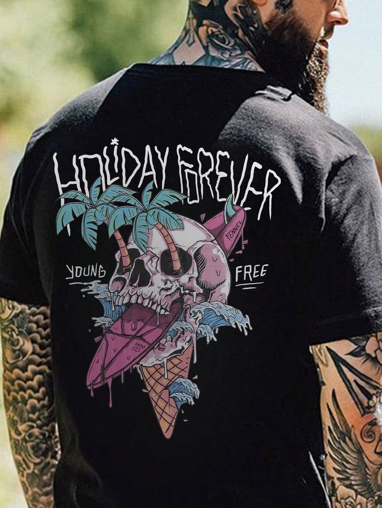 Men's Summer Casual Vacation Skeleton Head & Coconut Tree Letter Print Short Sleeve T-Shirt