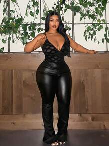 Maweii 加厚絨布格子網紗透肩連體衣，夏季型格穿搭 - 黑色 - 查看 4