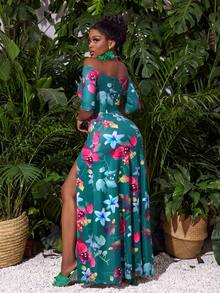 Slaydiva 休閒度假露肩短袖高開叉連至大腿裙，全身熱帶花卉印花女裝連衣裙-C - 彩色 - 查看 3