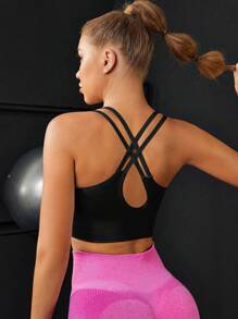 Easithlete Solid Color Hollow Out Back Cross Band Sports Bra