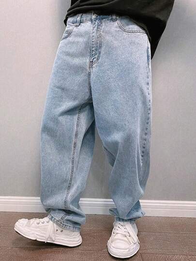 STEELVANCE Jeans rectos de hombre con corte holgado y bolsillos inclinados, lavado largo sobredimensionado estilo patinador, estilo cargo $tipo de tela lisa$ azul claro para salir o para reunirse con amigos Y2K"} (Not sure the meaning of "Plain" here. If it refers to a plain style/design, it can be translated as "liso" or "simple