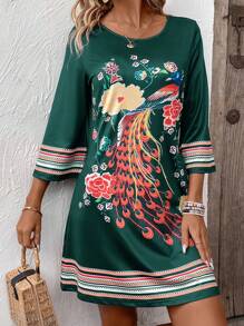 EMERY ROSE 女性時尚孔雀印花連衣裙 - 青檸色 - 查看 5