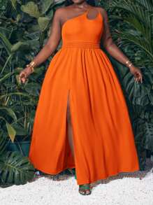 Slaydiva 休闲度假黄色单肩高开叉大码女式夏季连衣裙 - 橘色 - 查看 6