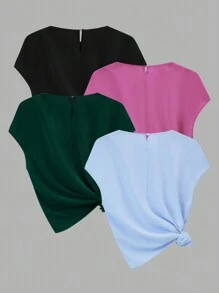 SHEIN LUNE Plus Size Women Fashion Solid Color Short Sleeve Shirt - Multicolor - View 2