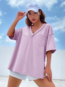 SHEIN EZwear Casual Loose Knit Women V-Neck T-Shirt