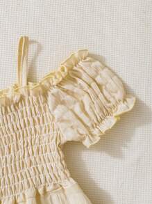 SHEIN Holiday,Summer,TravelYoung Girl Casual And Cute Open Shoulder A-Line Dress With Pleats - Khaki - View 6