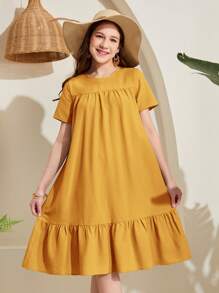 SHEIN Teen Girl Solid Color Bubble Pleated Ruffle Edge Casual Dress - Yellow - View 1