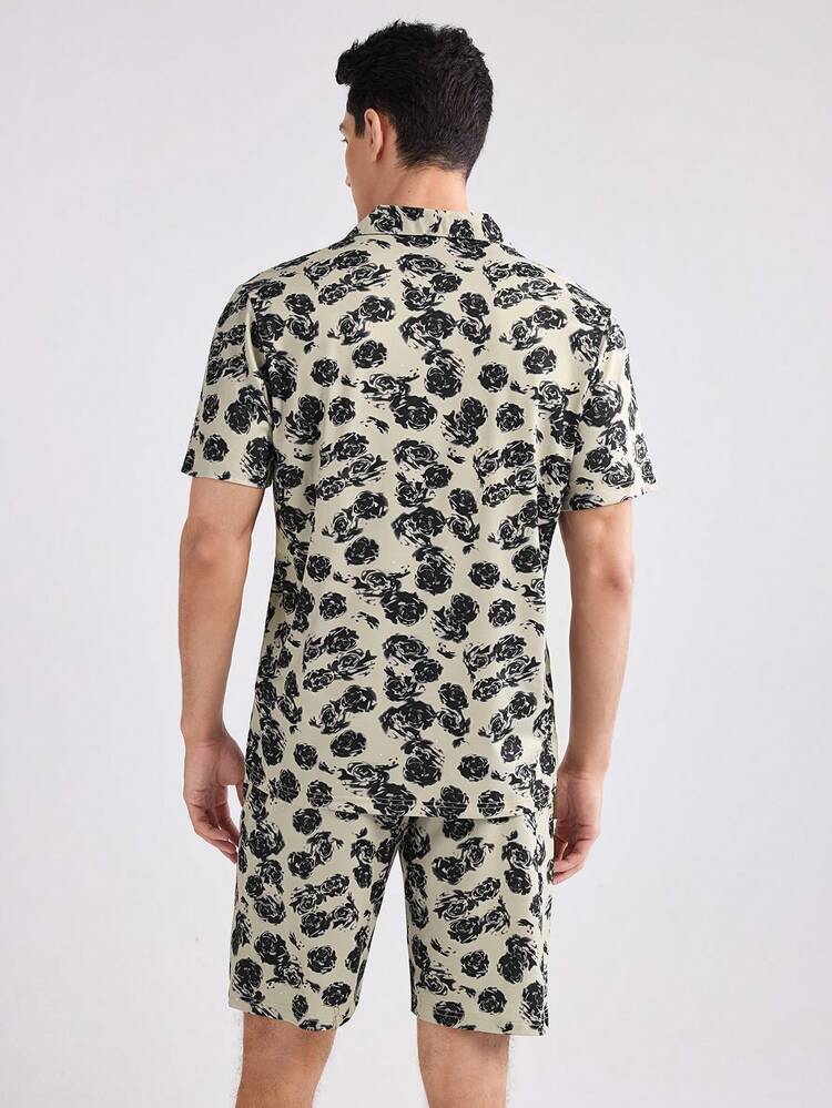 Printed Front Button Short Sleeve Top + Shorts Home Lounge Wear Set