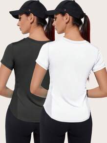 Powerista Áo thun thể thao tay ngắn thời trang với tấm lưới thoáng khí, thấm mồ hôi và nhanh khô Áo thun bó tập gym cho nữ - Đen và trắng - Xem 2