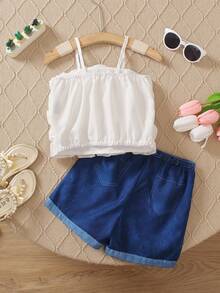 SHEIN 少女夏季休閒假日多層荷邊背心上衣和牛仔短褲套裝 - 白色 - 查看 2