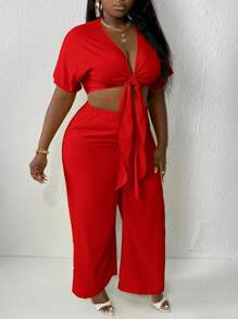 Slaydiva Plus Size Solid Color Front-Tie Batwing Sleeve Cropped Top And Wide Leg Pants Vacation Two-Piece Set - Red - View 4