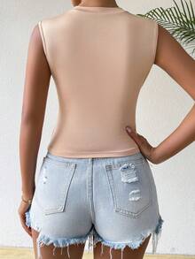 Chiquease Của phụ nữ Mùa hè Màu thuần Xếp li Nhiều lớp Giải trí Áo ba lỗ - Màu Khaki - Xem 2