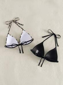 SHEIN Swim 2 piezas Top de bikini de unicolor y estampado de leopardo, conjunto de bikini de vacaciones de playa, bikini triángulo estampado de leopardo de verano