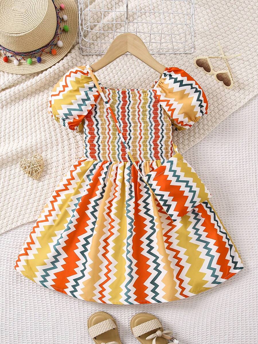 Young Girl Summer Bubble Sleeve Loose Dress - Multicolor - View 1