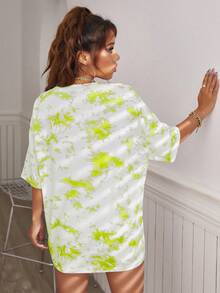 SHEIN Unity Summer Casual Tie Dye Printed Loose Short Sleeve T-Shirt With Drop Shoulder - Green - View 2