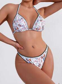 SHEIN Swim Bộ bikini thời trang đơn giản in hình cây xanh đi nghỉ mát cho nữ mùa hè - Nhiều màu - Xem 4