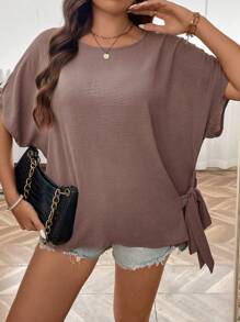 Plus Size Summer Casual Solid Color Batwing Sleeve Top With Tied Straps - Mocha Brown - View 3
