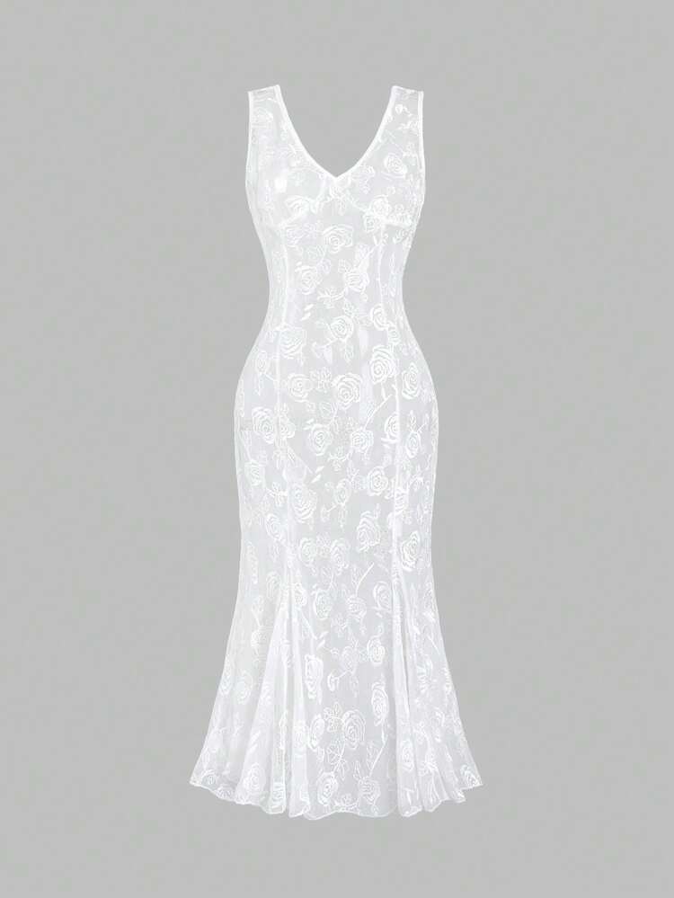 Women's Summer White See-Through Floral Lace Sleeveless Dress. Perfect For Summer Parties.
