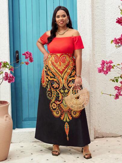 SHEIN Lady Plus Size Ngày lễ Màu sắc giản dị Khối cổ điển In lệch vai