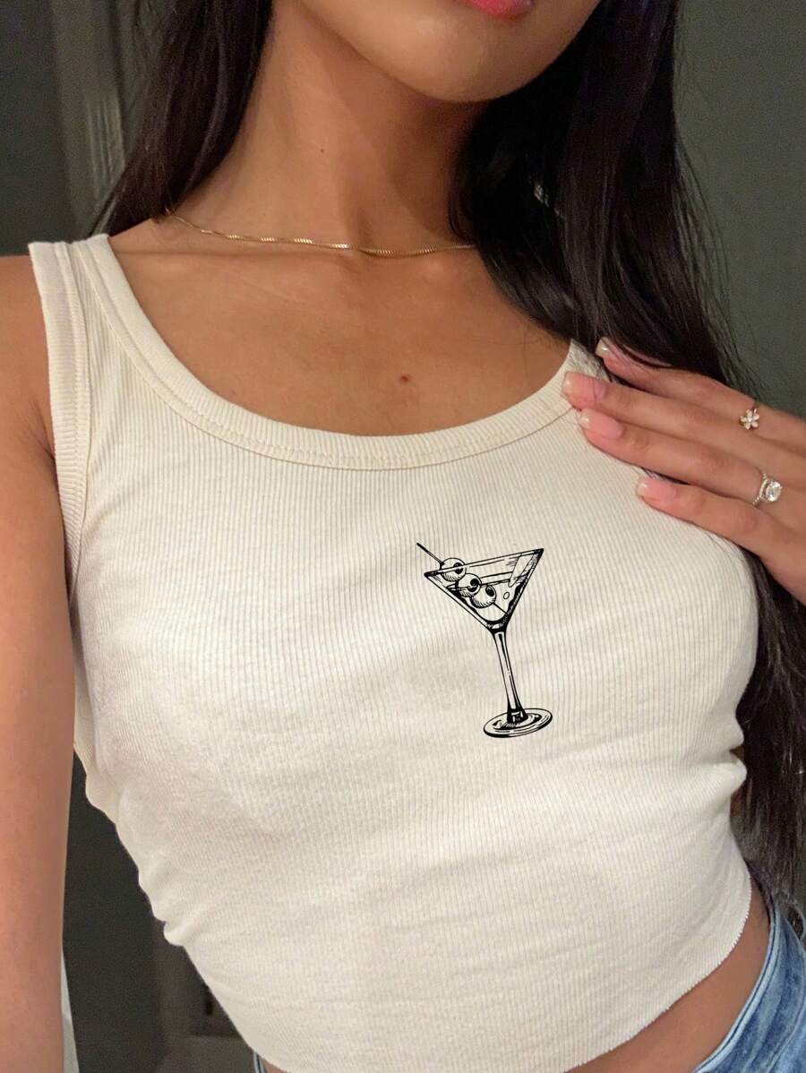 SHEIN Unity Women's Round Neck Ribbed Tank Top With Wine Glass Print - White - View 1