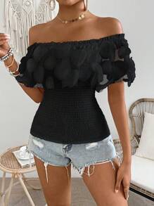 Breezaya Blusa ceñida de hombros descubiertos de moda con parche redondo decorativo - Negro - Ver 6