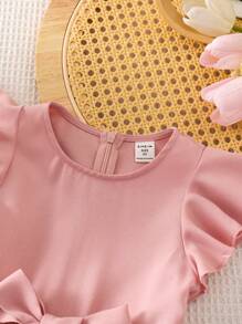 SHEIN LMoss Kids Vestito casual per ragazze in tinta unita con collo rotondo, maniche e orlo con volant