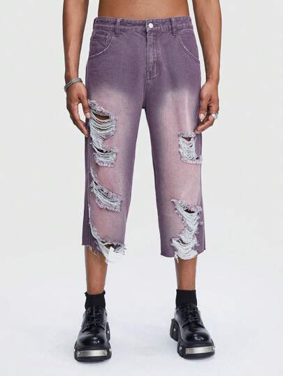 Shorts en jean décontractés pour hommes à jambe droite et taille moyenne, avec design déchiré et poches insérées