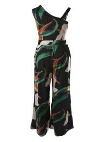 Maweii Plus Size Full-Print Asymmetrisk Krage Jumpsuit med metallring dekoration för sommaren - Svart - Visa 2