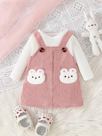 SHEIN Baby Girl Solid Color Stripe Long Sleeve Top And Rabbit Embroidery Suspender Dress Fashion Casual Set