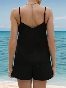 SHEIN Essnce Giải trí NỮ Mùa hè Nối Dệt Dây đeo Áo ba lỗ Áo vest Và Quần short Giải trí Bộ - màu đen - Xem 5