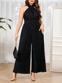 SHEIN Privé Plus Size Elegant Plisse Crisscross Halter Jumpsuit - Black - View 3