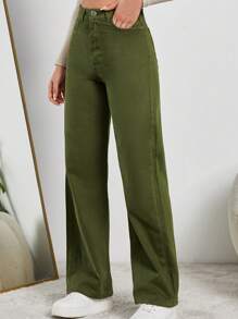 EURMUSE Solid Color Straight High Waisted Jeans - Green - View 4