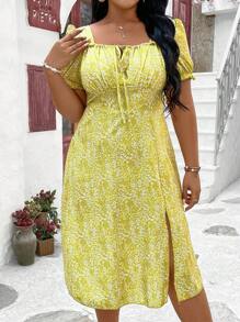 Flirla Plus Size Tie Front Square Neck Floral Print Dress - Yellow - View 3