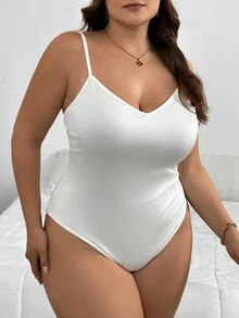 SHEIN Privé 大尺碼優雅基本通勤知性V領修身純色連身衣 - 白色 - 查看 5