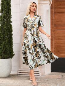 Aveloria Vestido de manga curta e decote em V com estampa aleatória - Café - Visão 4