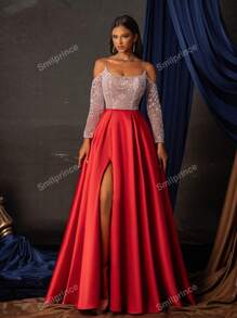Women's Color Block Off Shoulder Long Sleeve Beaded Decor Long Elegant Evening Dress, Formal