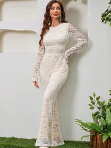 1pc Elegant Round Neck Long Sleeve Cinched Waist Lace Jumpsuit, Suitable For Party Or Social Gathering - Apricot - View 2