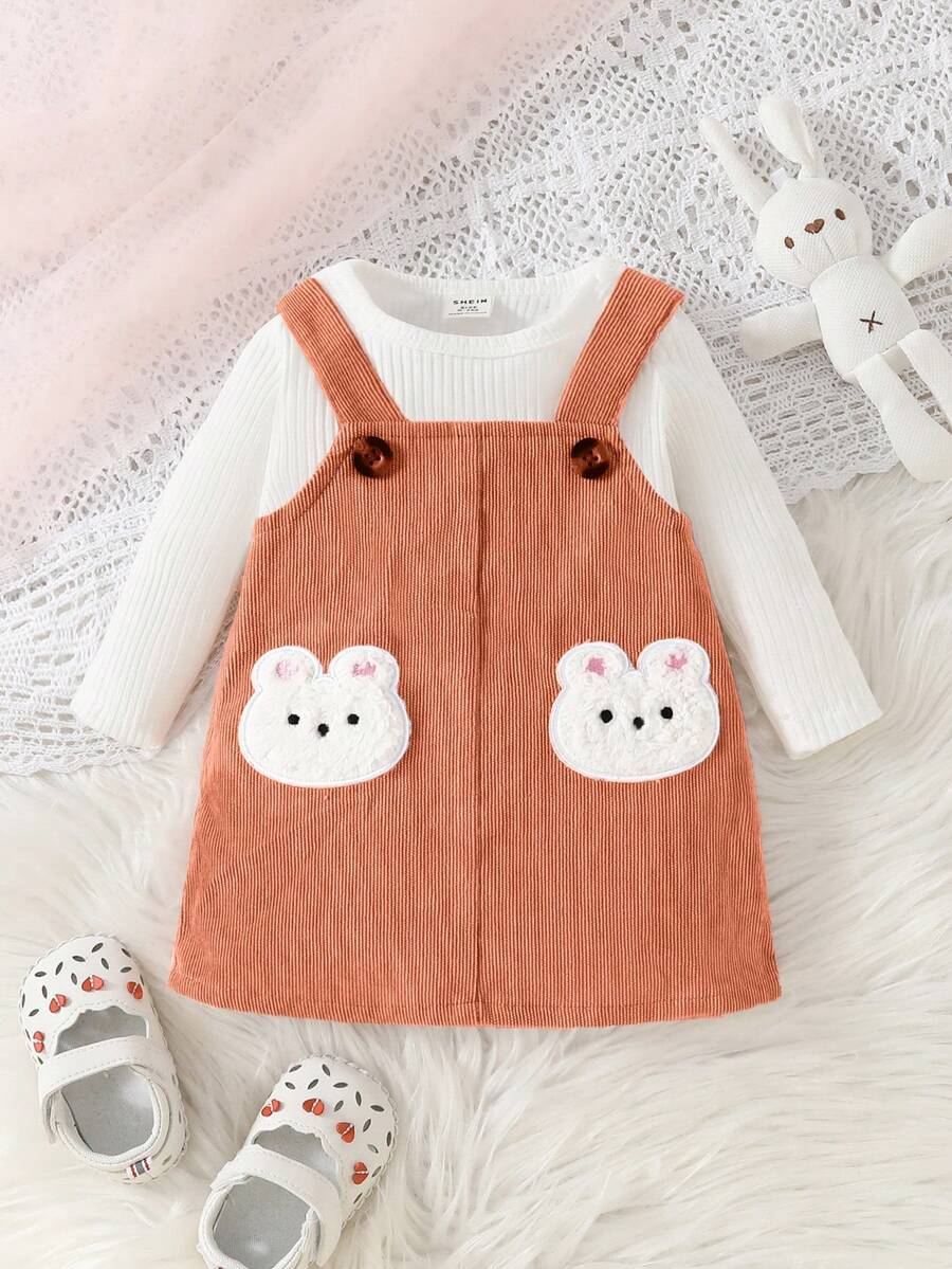 Infant Cute Rabbit Print Sweater And Overall Dress Set - Multicolor - View 1
