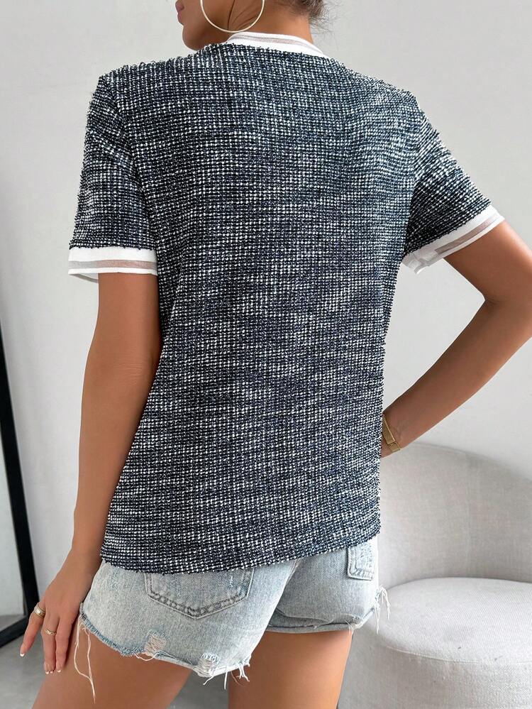 Women Casual Knitted Short-Sleeved T-Shirt With Contrast Trim