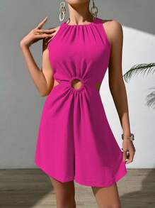 Chiquease Green Women Jumpsuit With Halter Neck, Hollow-Out Waist, Ruffled Texture Fabric - Hot Pink - View 6