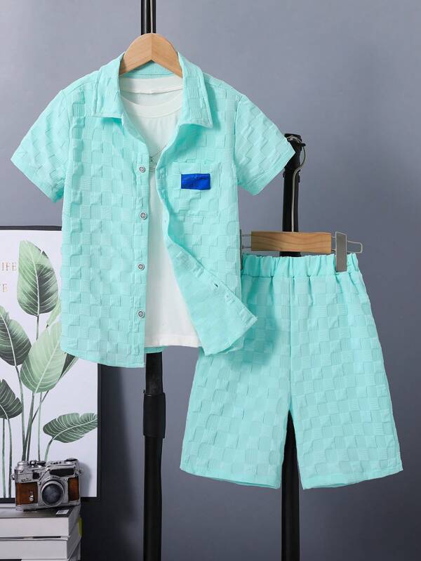 SHEIN Tween Boy Summer Letter Printed Pocket Short Sleeve Shirt And Shorts Casual Suit