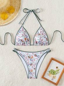 SHEIN Swim Bộ bikini thời trang đơn giản in hình cây xanh đi nghỉ mát cho nữ mùa hè - Nhiều màu - Xem 1