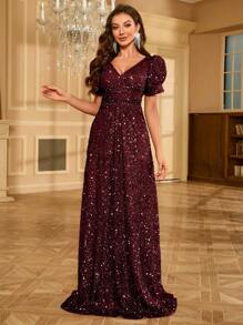 UNITHORSE V-Neck Sparkly Puff Sleeve Party Dress Wedding Guest Dress Formal Dress Evening Dress, Bride Dress, Birthday Women Outfits, Graduation Dress,Gown