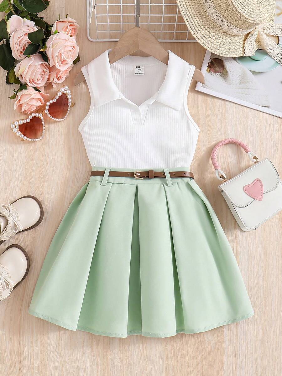SHEIN 2 piezas/Conjunto Conjunto de regreso a la escuela para niñas pequeñas - Camiseta con cuello polo blanca y falda plisada verde clara - verde menta - Ver 1