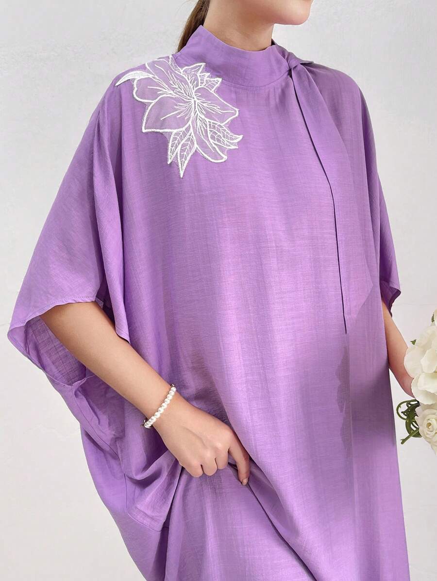 Yasmyna 女士立领蕾丝拼布连衣裙土耳其长袍，朴素全长长袍，休闲长袖连衣裙