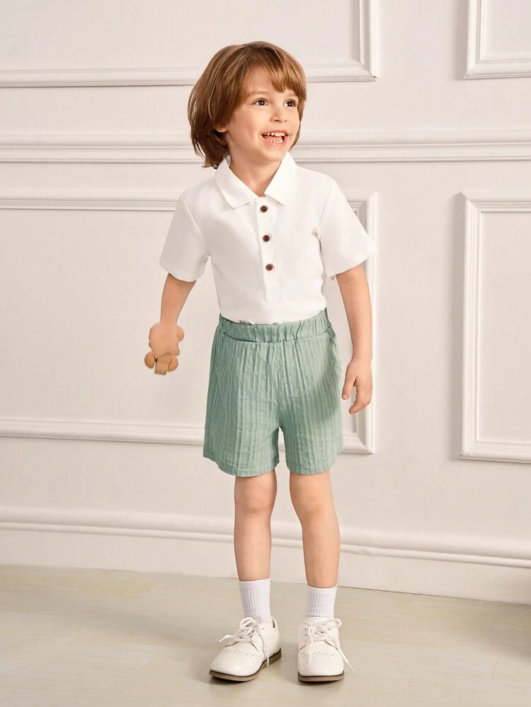 2pcs/Set Young Boy Casual Stand Collar Short Sleeve Shirt And Striped Shorts Set, Suitable For School, And Outdoor Play