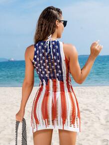 Swim Vcay Summer Beach Women American USA Flag Pattern Hollow Out Knitted Split Cover Up Dress, 4th Of July