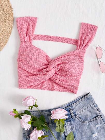 Soleia 1pc Women's Holiday Twisted Front & Open Back Short Sleeve T-Shirt With Scoop Neck, Loose Fit Pink Christmas Clothes